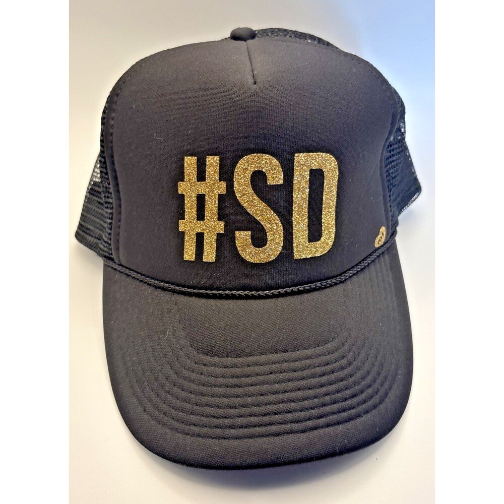 Otto #SD Hashtag San Diego Trucker Hat Black Gold Glitter Mesh Snapback Cap